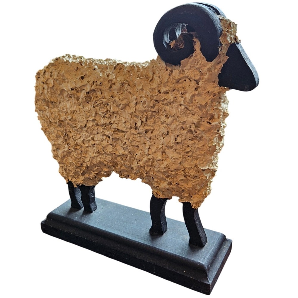 Rustic Primitive Ram Sheep Figurine Textured Wool Statue Wood Base Cream Black